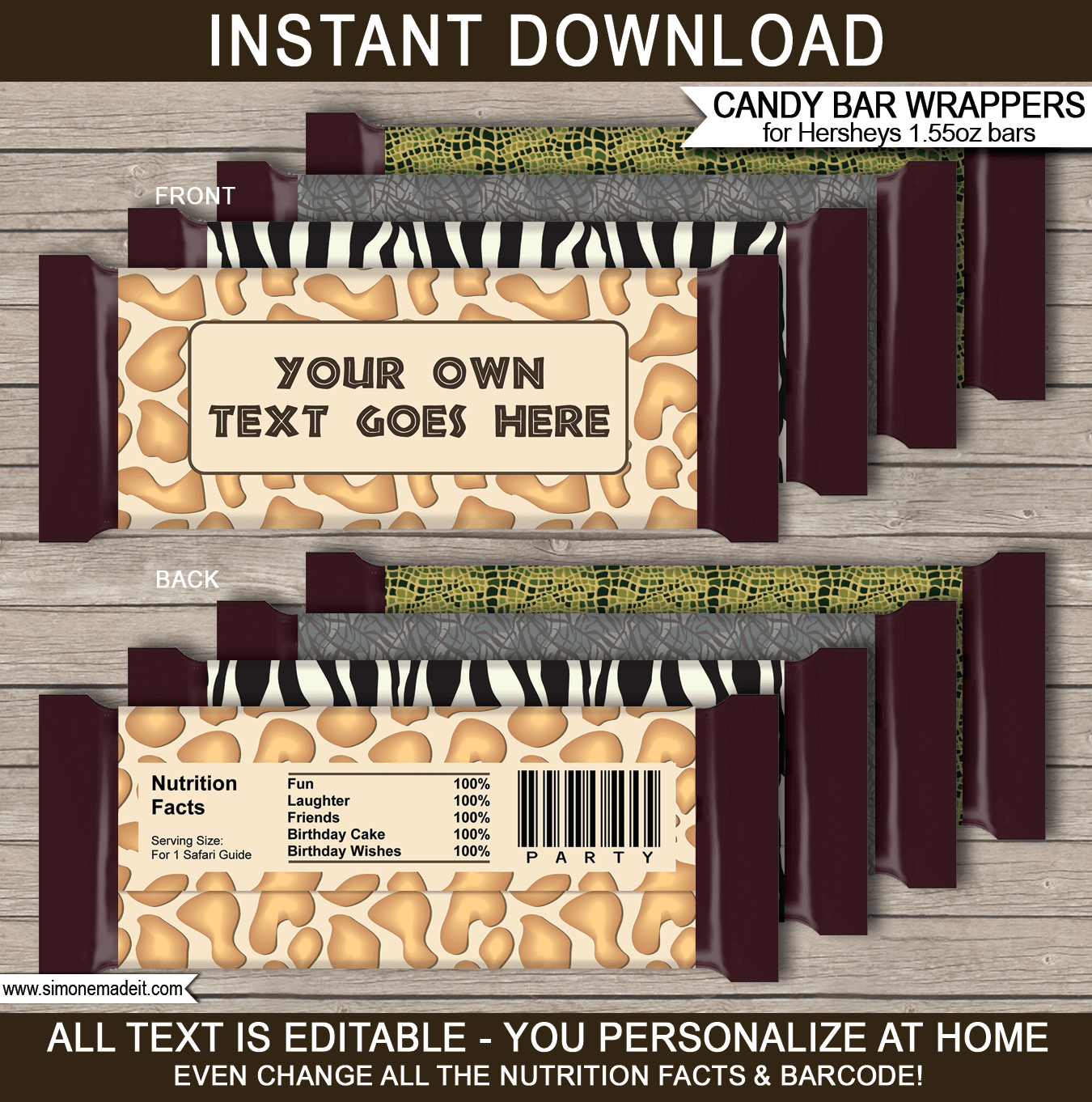 Jungle, Zoo or Animal Safari Hershey Candy Bar Wrappers | Birthday Party Favors | Personalized Candy Bars | Editable Template | INSTANT DOWNLOAD $3.00 via simonemadeit.com