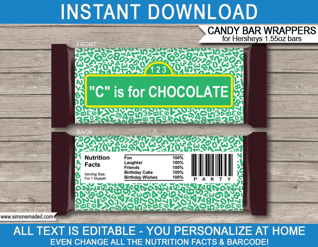 Sesame Street Hershey Candy Bar Wrappers | Birthday Party Favors | Personalized Candy Bars | Editable Template | INSTANT DOWNLOAD $3.00 via simonemadeit.com
