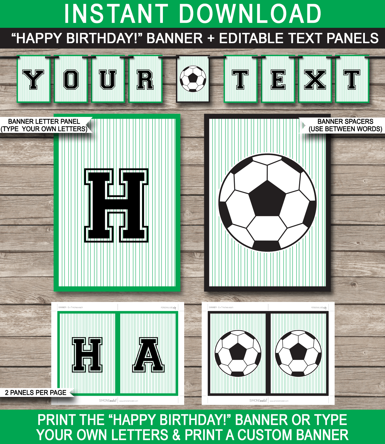 Soccer Party Banner Template - Birthday Party Bunting - Happy Birthday Banner - Editable and Printable DIY Template - INSTANT DOWNLOAD $4.50 via simonemadeit.com