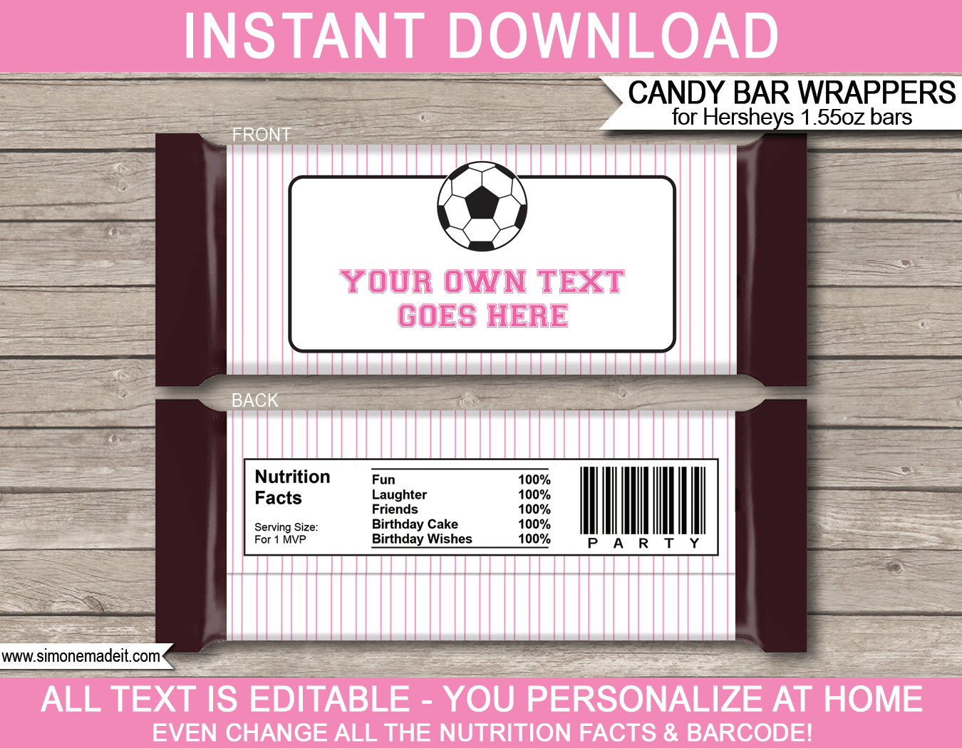 Girls Soccer Hershey Candy Bar Wrappers | Pink | Birthday Party Favors | Personalized Candy Bars | Editable Template | INSTANT DOWNLOAD $3.00 via simonemadeit.com