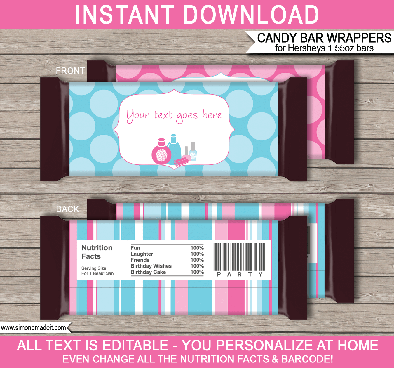 Spa Party Hershey Candy Bar Wrappers | Birthday Party Favors | Personalized Candy Bars | Editable Template | INSTANT DOWNLOAD $3.00 via simonemadeit.com