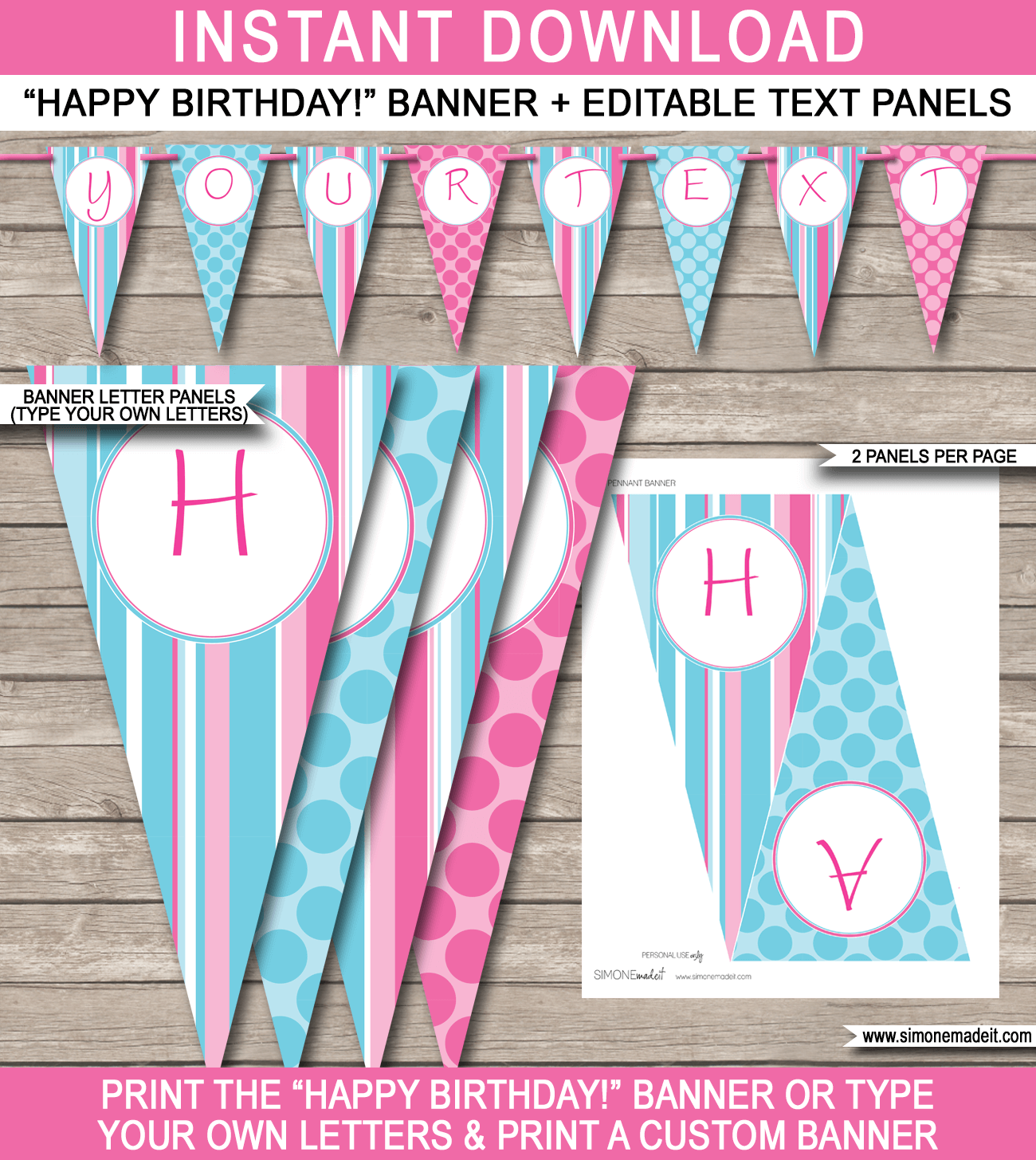 Girls Birthday Party Pennant Banner Template - Happy Birthday Bunting Pennants - Editable and Printable DIY Template - INSTANT DOWNLOAD $4.50 via simonemadeit.com