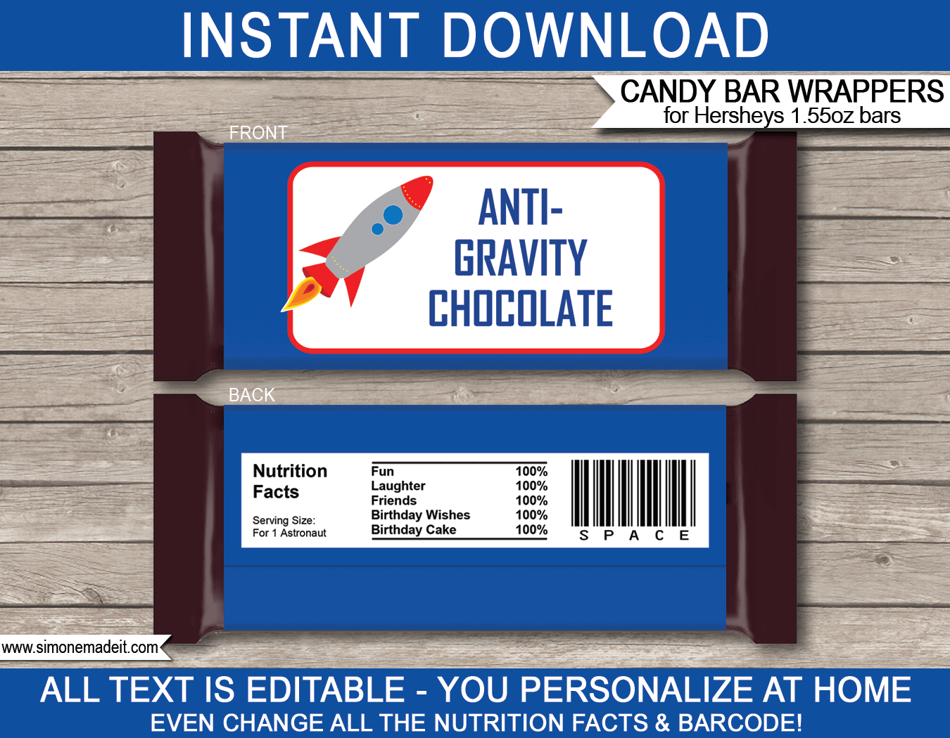 Space Hershey Candy Bar Wrappers | Rocket ship | Birthday Party Favors | Personalized Candy Bars | Editable Template | INSTANT DOWNLOAD $3.00 via simonemadeit.com