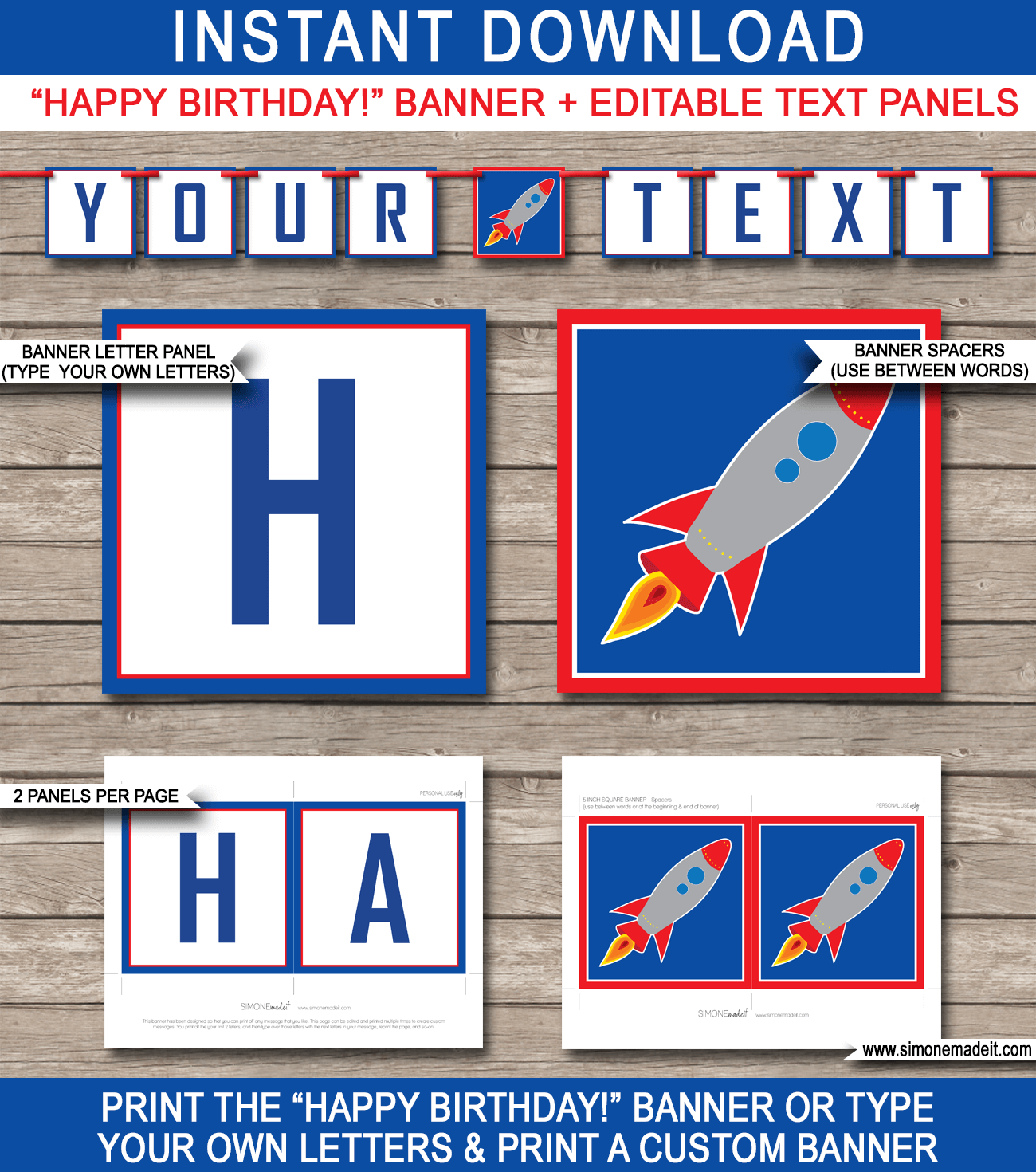 Space Party Banner Template - Happy Birthday Bunting - Editable and Printable DIY Template - INSTANT DOWNLOAD $4.50 via simonemadeit.com