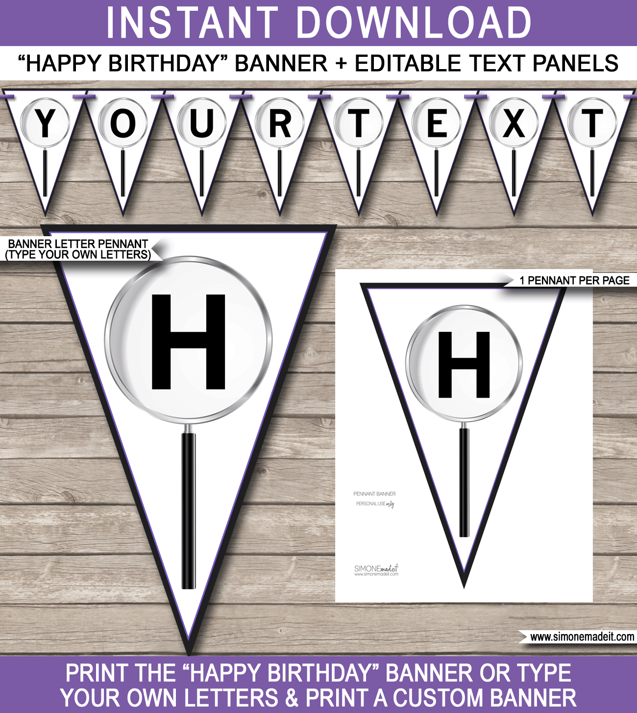 Spy Secret Agent Party Banner template – purple For Free Printable Pennant Banner Template