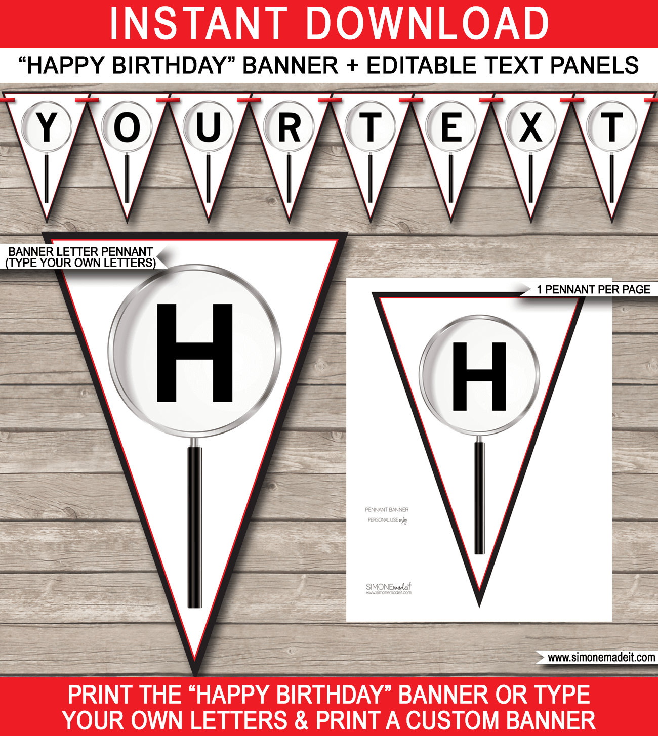 Printable Spy Party Pennant Banner Template - Birthday Party Decorations - Happy Birthday Bunting - Secret Agent - DIY Editable Text - INSTANT DOWNLOAD via simonemadeit.com
