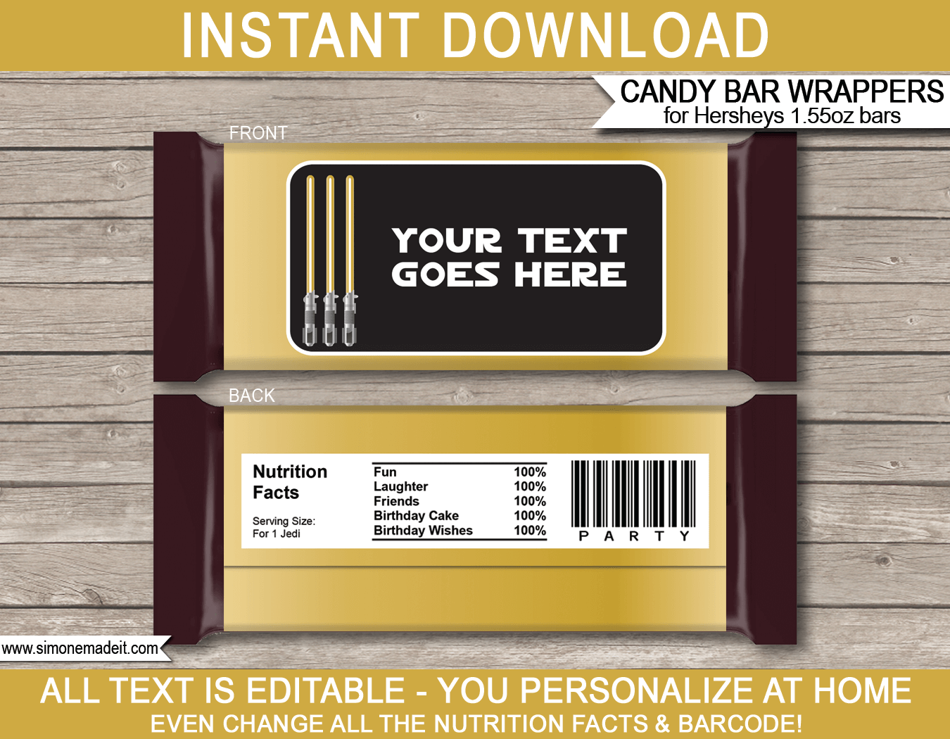 Gold Star Wars Party Hershey Candy Bar Wrappers Template | Printable Birthday Party Favors | Personalized Candy Bars | DIY Editable Text | INSTANT DOWNLOAD $3.00 via simonemadeit.com