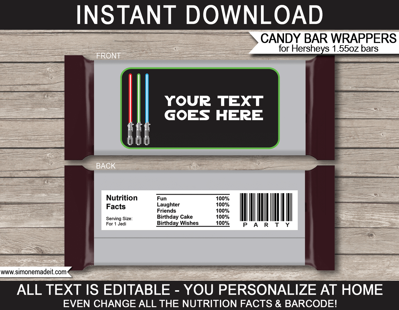 Printable Star Wars Hershey Candy Bar Wrappers Template | Birthday Party Favors | Personalized Candy Bars | DIY Editable Text | INSTANT DOWNLOAD $3.00 via simonemadeit.com