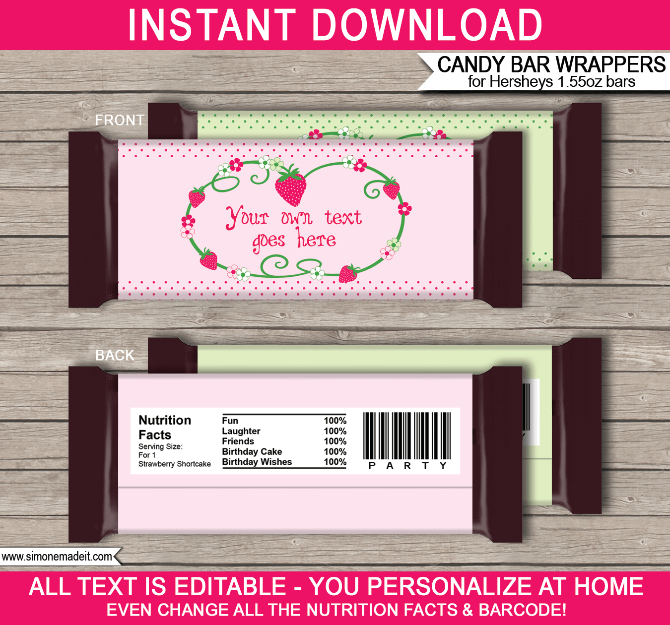 Printable Strawberry Shortcake Candy Bar Wrappers | Birthday Party Favors | Personalized Candy Bars | Editable Template | INSTANT DOWNLOAD $3.00 via simonemadeit.com