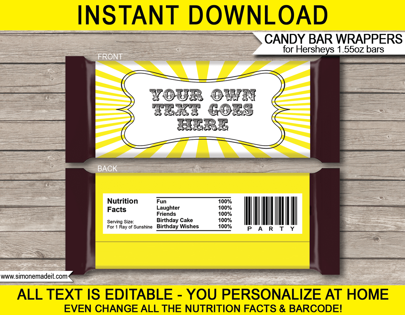 Sunshine Hershey Candy Bar Wrappers | Birthday Party Favors | Personalized Candy Bars | Editable Template | INSTANT DOWNLOAD $3.00 via simonemadeit.com