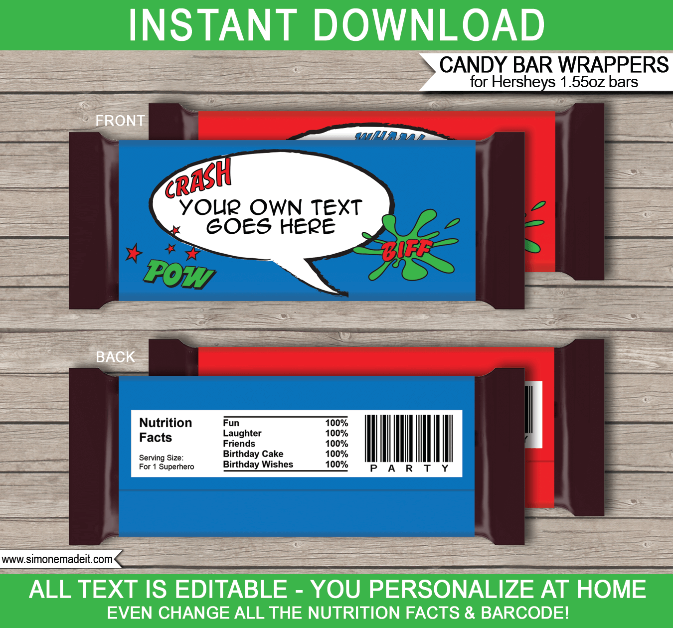 Superheroes Hershey Candy Bar Wrappers | Blue Red Green | Birthday Party Favors | Personalized Candy Bars | Editable Template | INSTANT DOWNLOAD $3.00 via simonemadeit.com