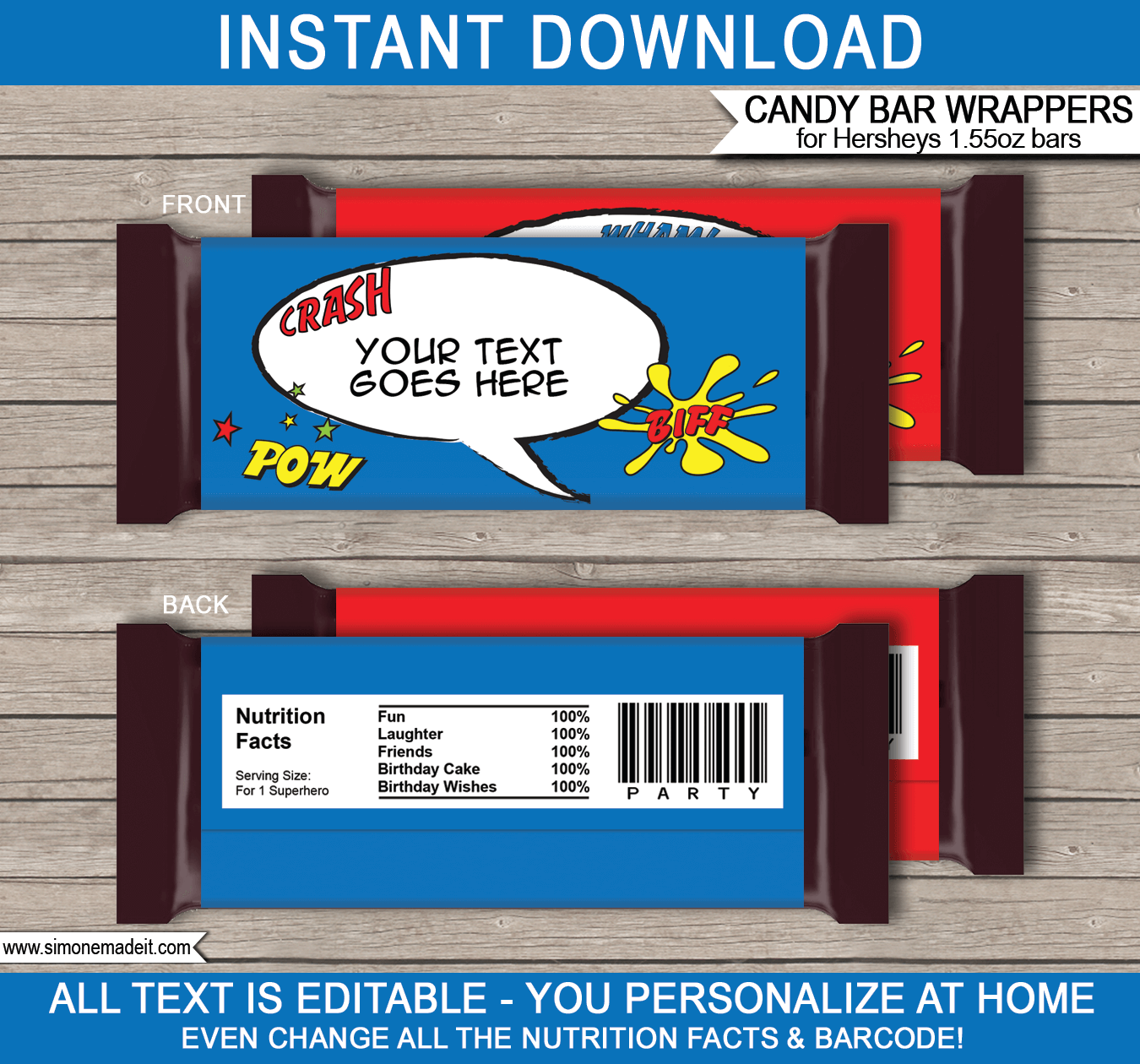 Printable Superhero Hershey Candy Bar Wrappers template | Birthday Party Favors, Valentine's Day Gifts, Teachers Day | Personalized Candy Bars | Editable Template | INSTANT DOWNLOAD $3.00 via simonemadeit.com