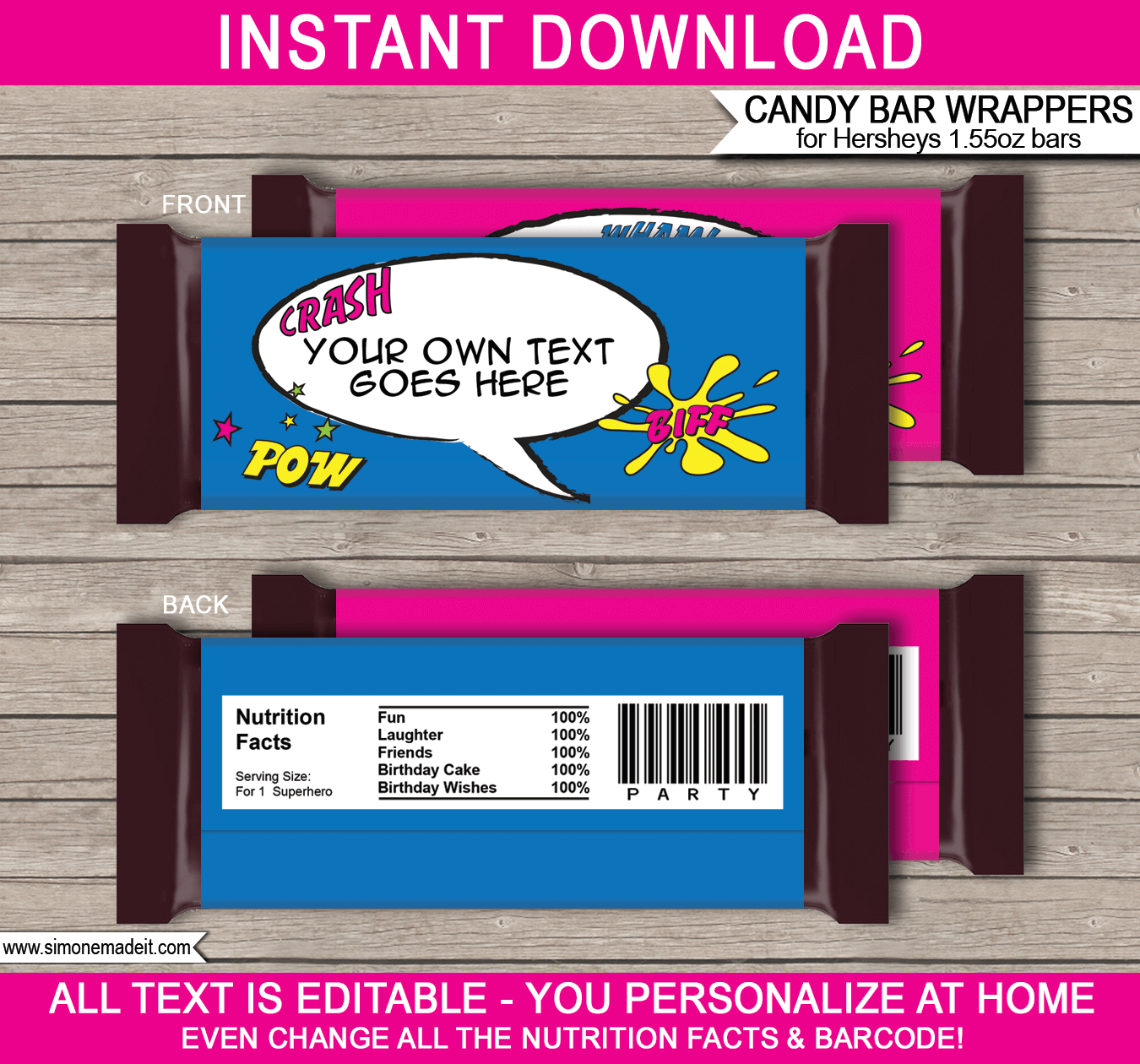Printable Supergirl Hershey Candy Bar Wrappers Template | Blue Pink Yellow | Birthday Party Favors, Teachers Day, Valentine's Day | Personalized Candy Bars | Editable Template | INSTANT DOWNLOAD $3.00 via simonemadeit.com