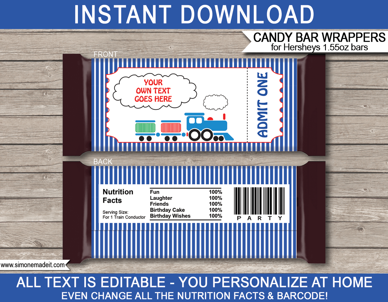 Printable Steam Train Hershey Candy Bar Wrappers template | Birthday Party Favors | Train Ticket | Personalized Candy Bars | Editable Text | INSTANT DOWNLOAD $3.00 via simonemadeit.com