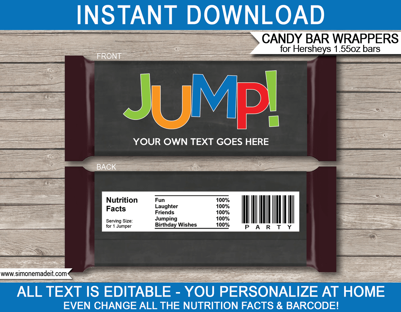 Trampoline Hershey Candy Bar Wrappers | Birthday Party Favors | Personalized Candy Bars | Editable Template | INSTANT DOWNLOAD $3.00 via simonemadeit.com