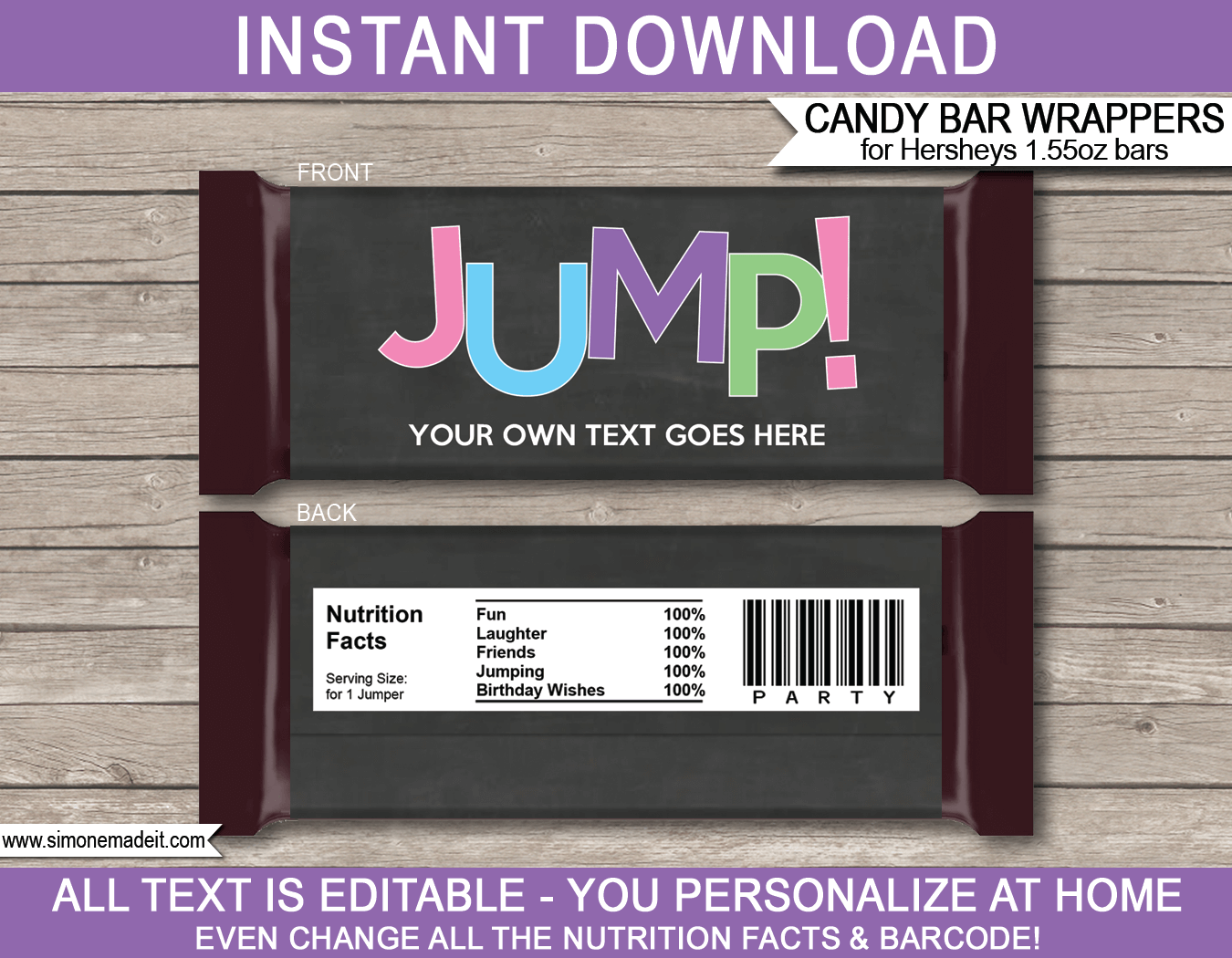 Trampoline Party Hershey Candy Bar Wrappers | Jump | Birthday Party Favors | Personalized Candy Bars | Editable Template | INSTANT DOWNLOAD $3.00 via simonemadeit.com