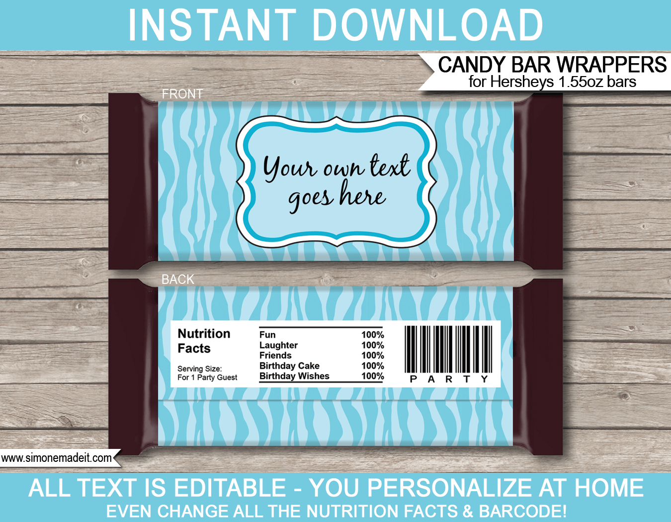 Turquoise Zebra Hershey Candy Bar Wrappers | Birthday Party Favors | Personalized Candy Bars | Editable Template | INSTANT DOWNLOAD $3.00 via simonemadeit.com