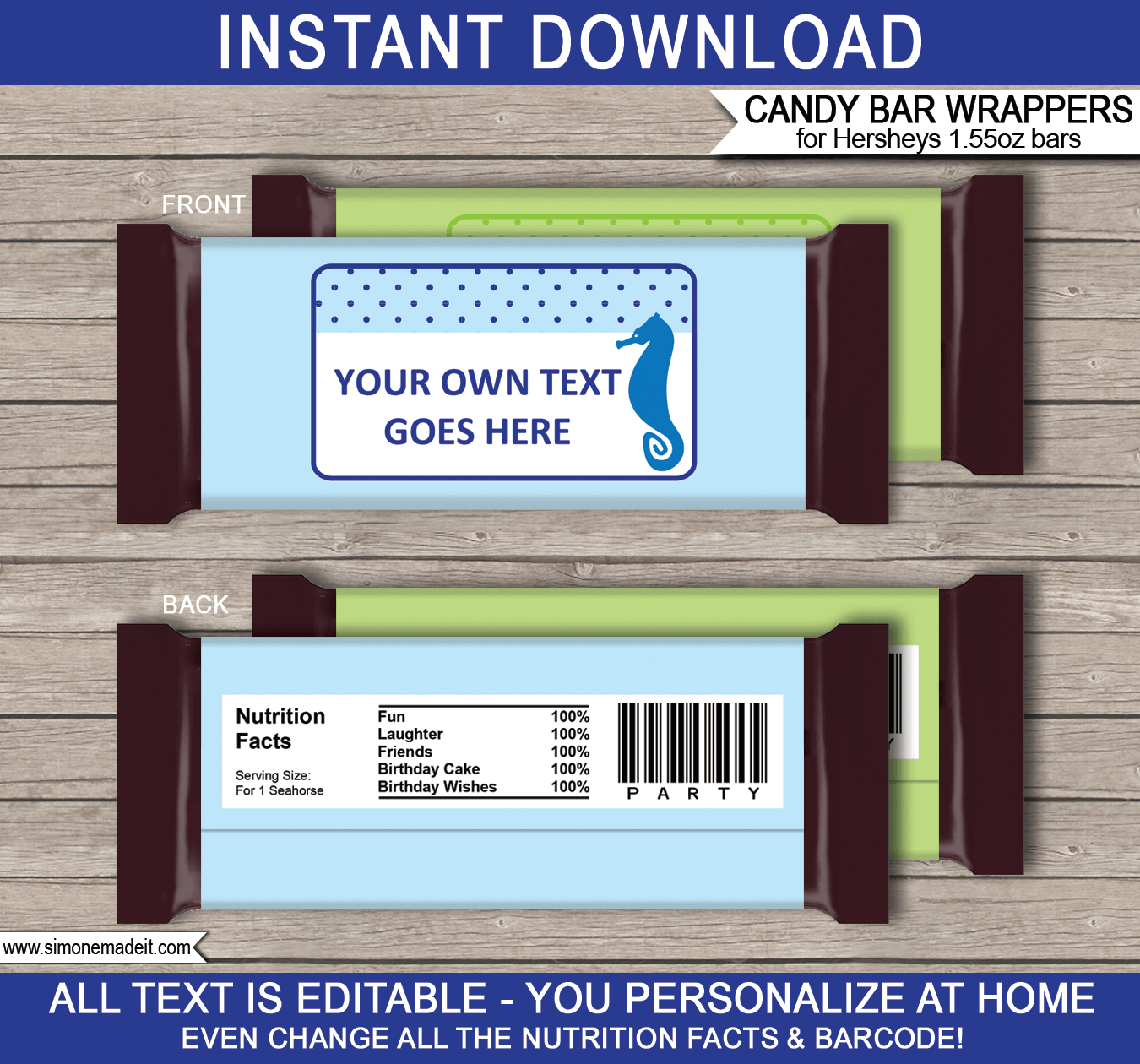 Under the Sea Hershey Candy Bar Wrappers | Birthday Party Favors | Personalized Candy Bars | Editable Template | INSTANT DOWNLOAD $3.00 via simonemadeit.com