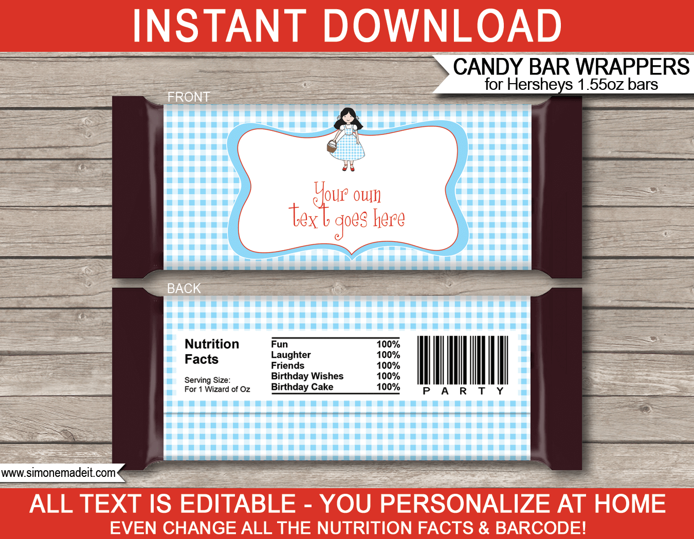 Wizard of Oz Hershey Candy Bar Wrappers | Birthday Party Favors | Personalized Candy Bars | Editable Template | INSTANT DOWNLOAD $3.00 via simonemadeit.com