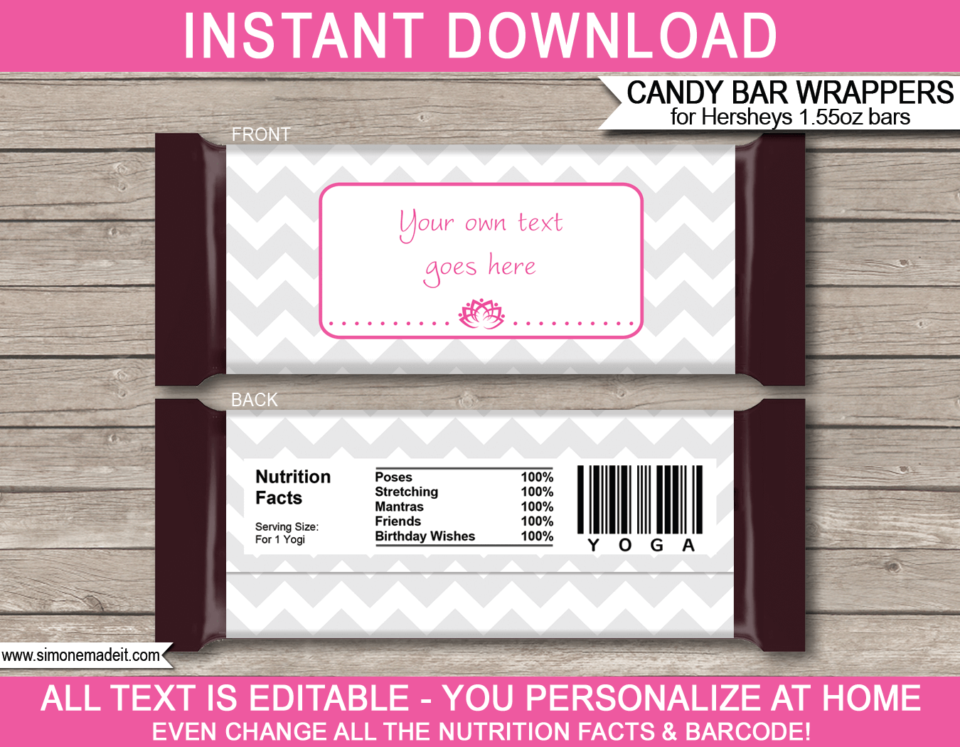 Yoga Hershey Candy Bar Wrappers | Birthday Party Favors | Personalized Candy Bars | Editable Template | INSTANT DOWNLOAD $3.00 via simonemadeit.com