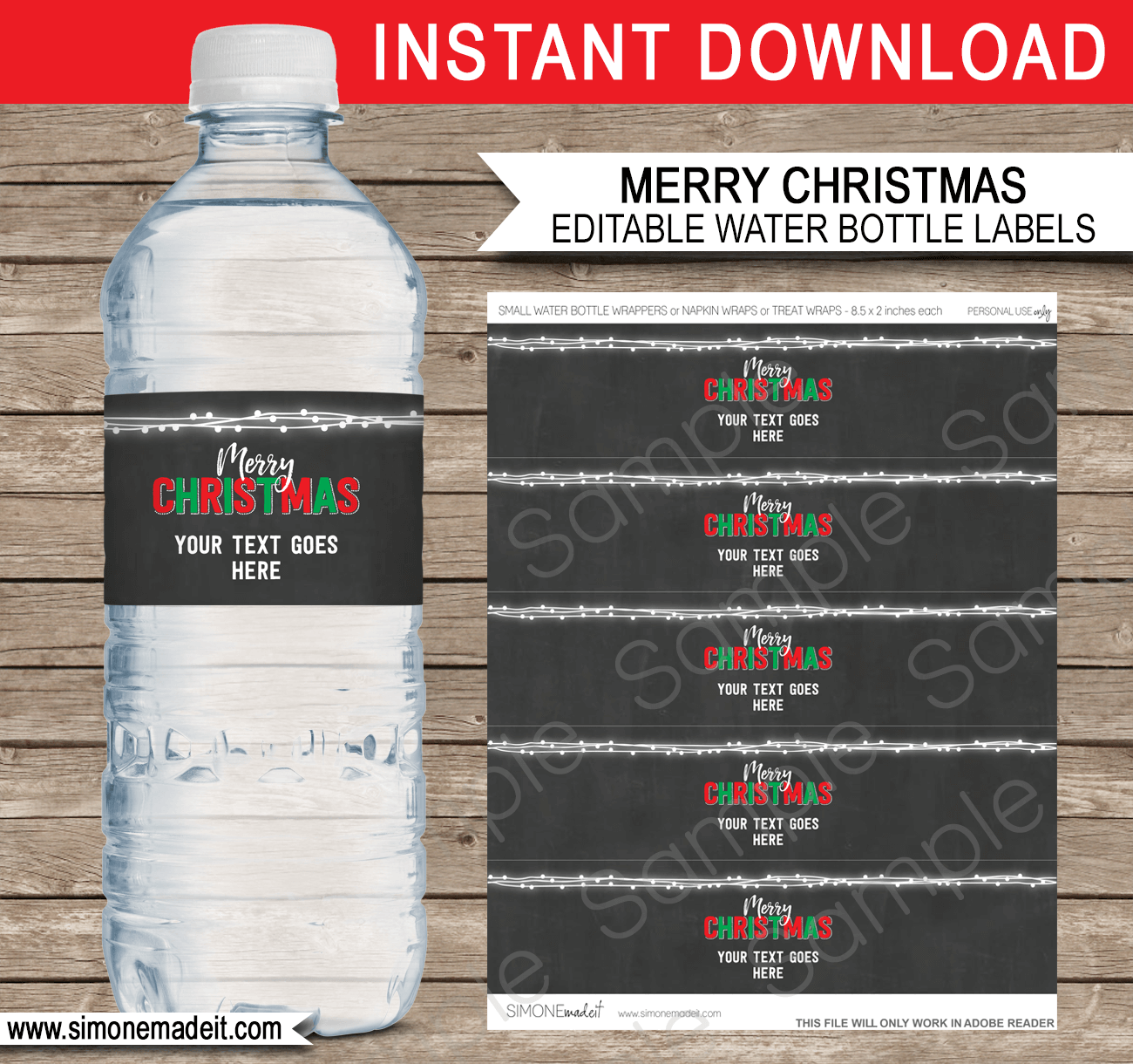 Christmas Water Bottle Labels template | Napkin Wraps | Treat Wraps | DIY Editable Template | INSTANT DOWNLOAD via simonemadeit.com