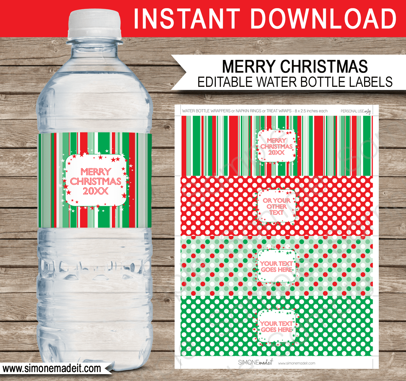 Printable Christmas Water Bottle Labels template | Napkin Wraps | Treat Wraps | DIY Editable Template | INSTANT DOWNLOAD via simonemadeit.com