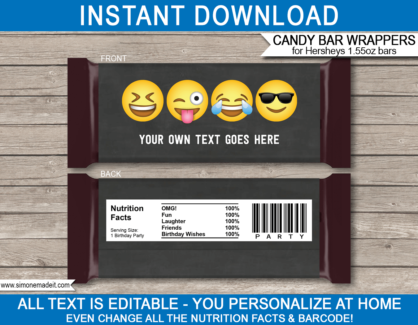 Boys Emoji Theme Candy Bar Wrappers | Birthday Party Favors | Personalized Candy Bars | Editable Template | INSTANT DOWNLOAD $3.00 via simonemadeit.com