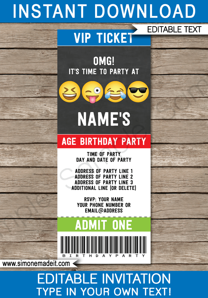 Emoji Theme Party Ticket Invitations Template for boys | Emoji Theme Birthday Party | DIY Editable & Printable Invite | INSTANT DOWNLOAD via simonemadeit.com