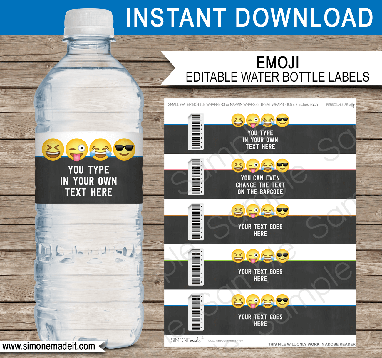 Emoji Theme Water Bottle Labels template for boys | Emoji Birthday Party | Napkin Wraps | Treat Wraps | DIY Editable Template | INSTANT DOWNLOAD via simonemadeit.com