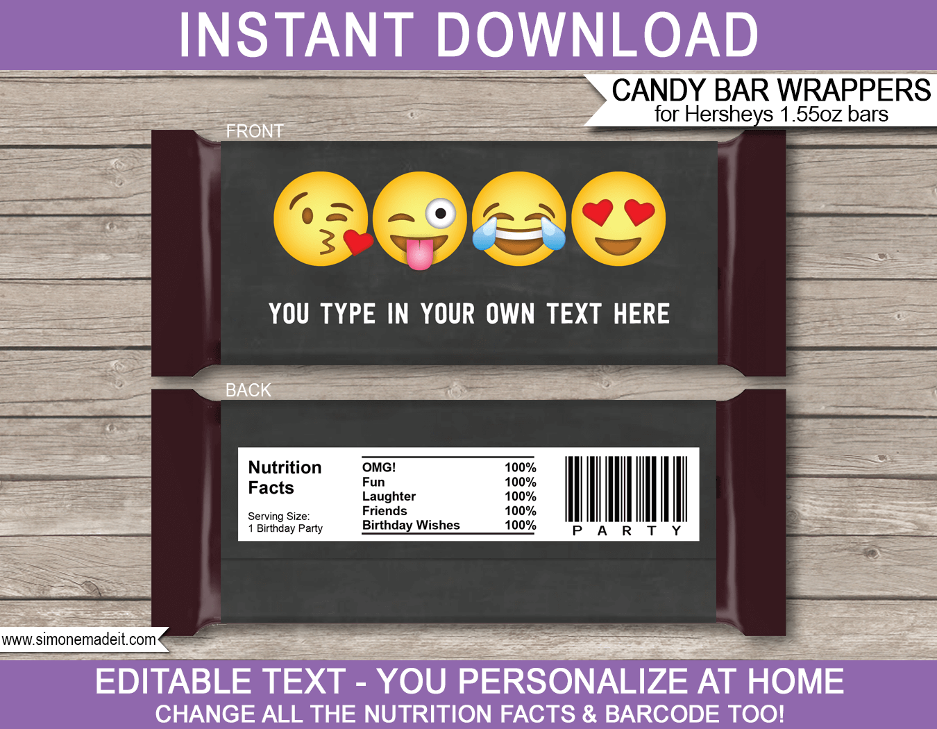 Emoji Hershey Candy Bar Wrappers | Emoji Theme Birthday Party Favors | Personalized Candy Bars | Editable Template | INSTANT DOWNLOAD $3.00 via simonemadeit.com