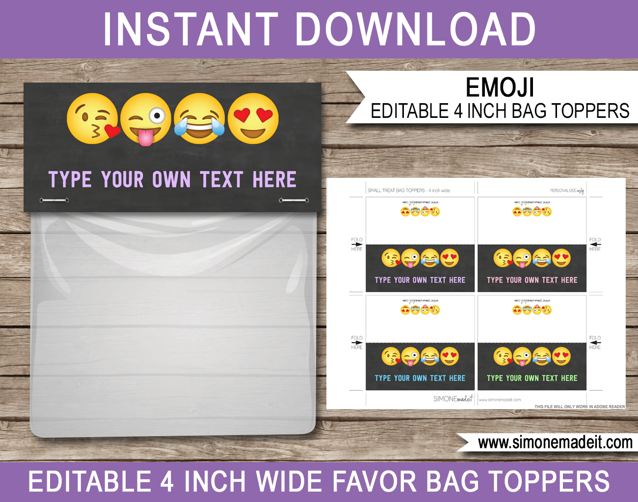 Editable Emoji Party Favor Bag Toppers | Emoji Theme Birthday Party | Printable DIY Template | INSTANT DOWNLOAD via SIMONEmadeit.com