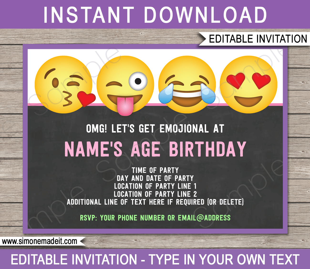 Emoji Party Invitations Template | Emoji Theme Birthday Party | DIY Editable & Printable Invite | INSTANT DOWNLOAD via simonemadeit.com