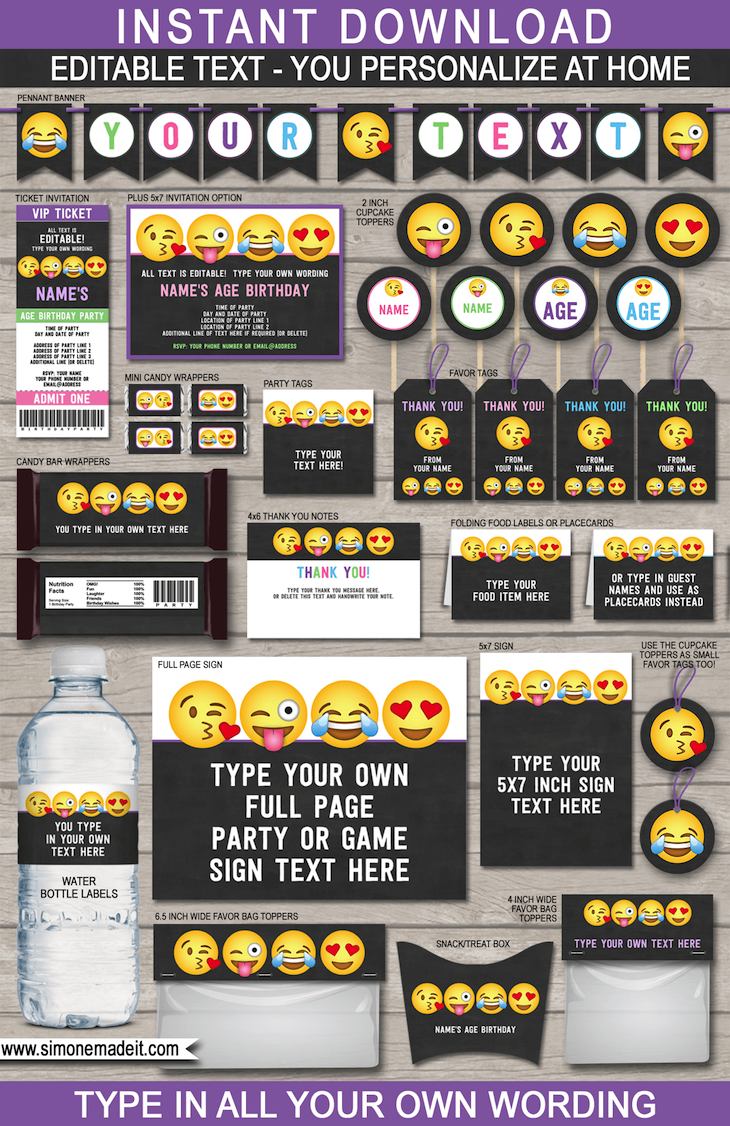 Emoji Party Printables, Invitations & Decorations | Emoji Theme Birthday Party | DIY Editable Templates | INSTANT DOWNLOAD via simonemadeit.com