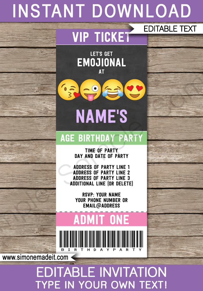 Emoji Party Ticket Invitations Template | Emoji Theme Birthday Party | DIY Editable & Printable Invite | INSTANT DOWNLOAD via simonemadeit.com