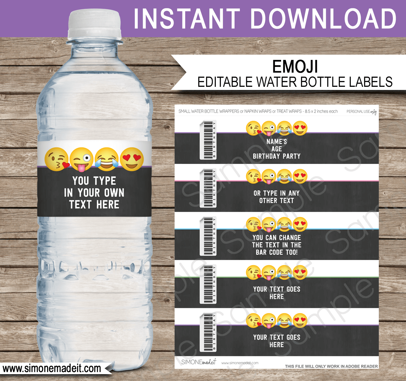 Emoji Water Bottle Labels template | Emoji Theme Birthday Party | Napkin Wraps | Treat Wraps | DIY Editable Template | INSTANT DOWNLOAD via simonemadeit.com