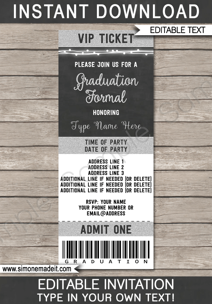 Silver Graduation Formal Ticket Invitation | for Any Year | High School Graduation Announcements | Ticket Invite | Chalkboard and Silver Glitter | Editable and Printable DIY Template | INSTANT DOWNLOAD $7.50 via SIMONEmadeit.com