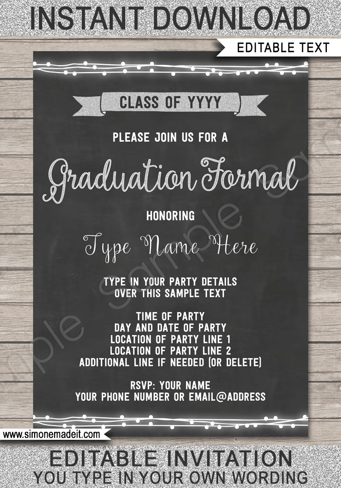 Graduation Formal Invitation | for any Year | High School Formal | Chalkboard and silver glitter | Editable & Printable DIY Template | INSTANT DOWNLOAD $7.50 via simonemadeit.com