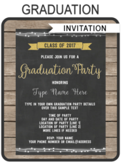 Graduation Party Invitations | Class of 2017 | Gold glitter & Chalkboard | Editable & Printable DIY Template | Instant Download