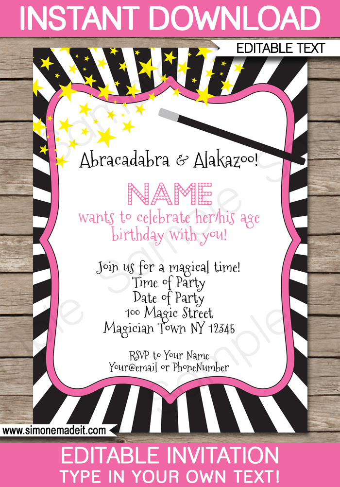 Pink Girls Magic Birthday Party Invitations | Magic Theme | Editable DIY Theme Template | INSTANT DOWNLOAD $7.50 via SIMONEmadeit.com