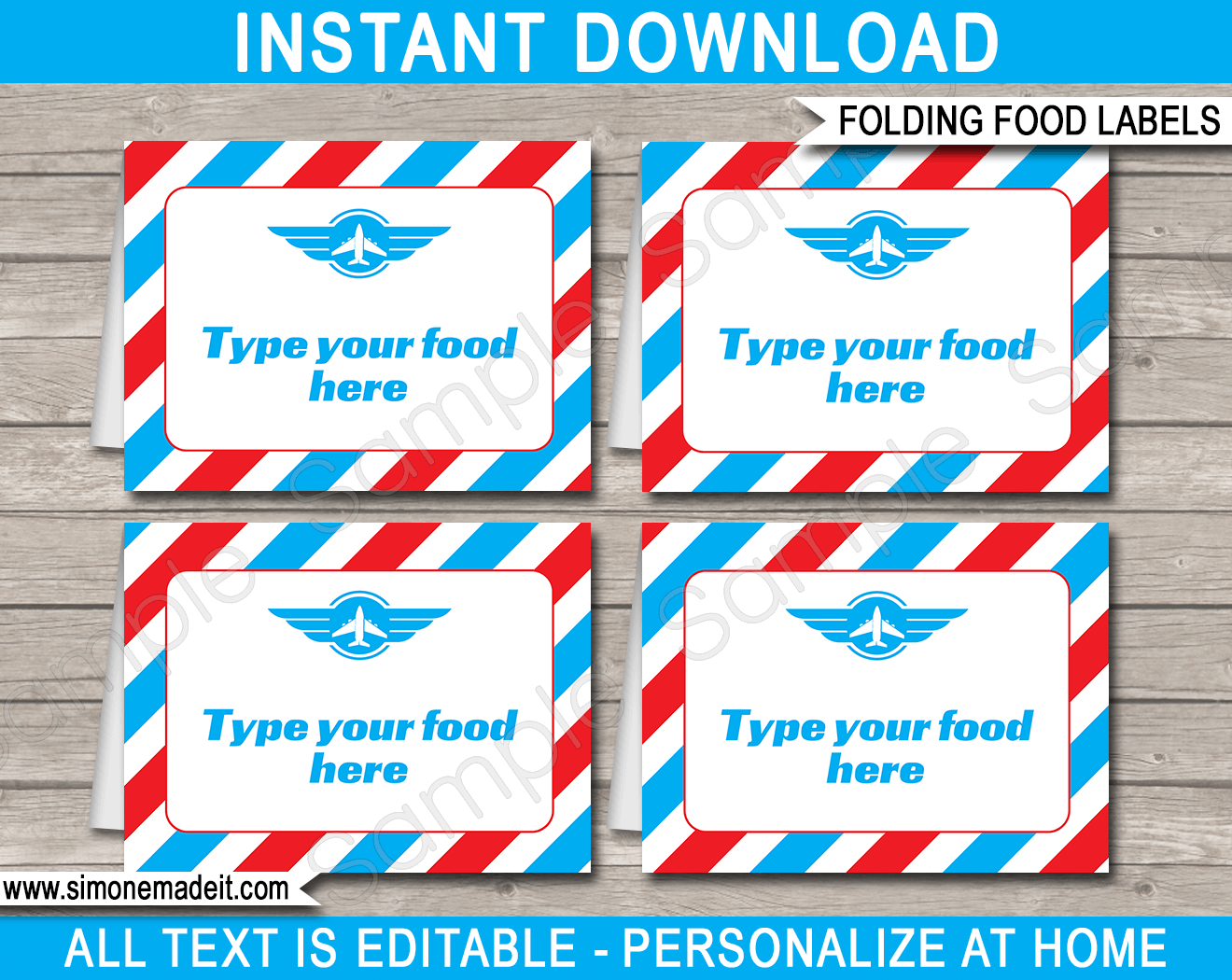 Printable Airplane Party Food Labels Template | Food Buffet Tags | Place Cards | Birthday Party | DIY Editable Text | $3.00 INSTANT DOWNLOAD via SIMONEmadeit.com