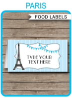 Blue Paris Food Labels | Food Buffet Cards | Place Cards |Printable Party Decorations | DIY Editable template | $3.00 Instant Download via simonemadeit.com