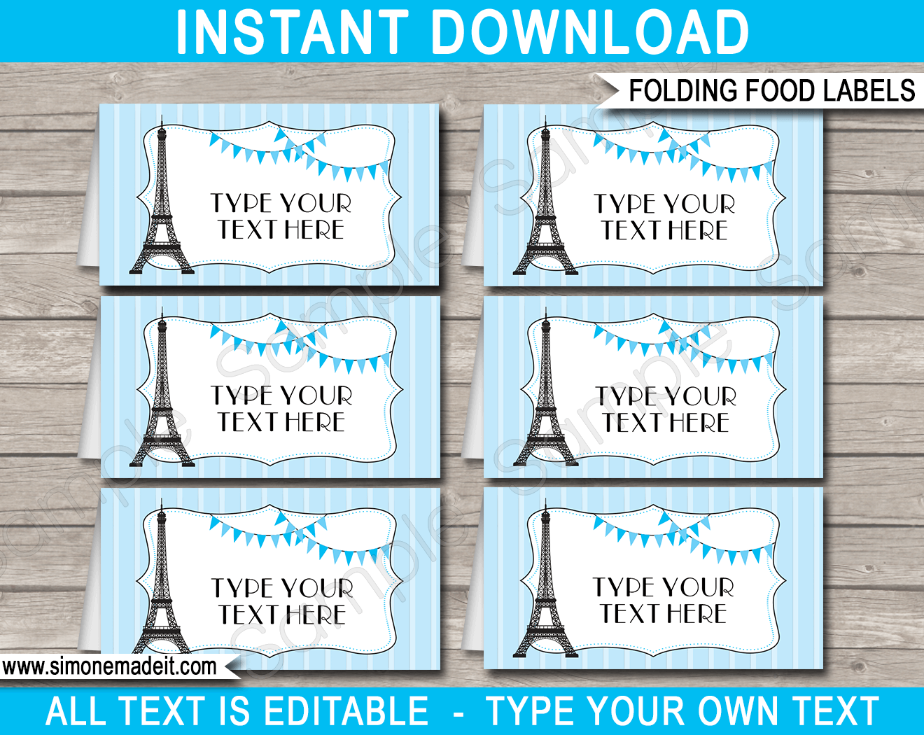 Blue Paris Food Labels | Food Buffet Cards | Place Cards |Printable Party Decorations | DIY Editable template | $3.00 Instant Download via simonemadeit.com