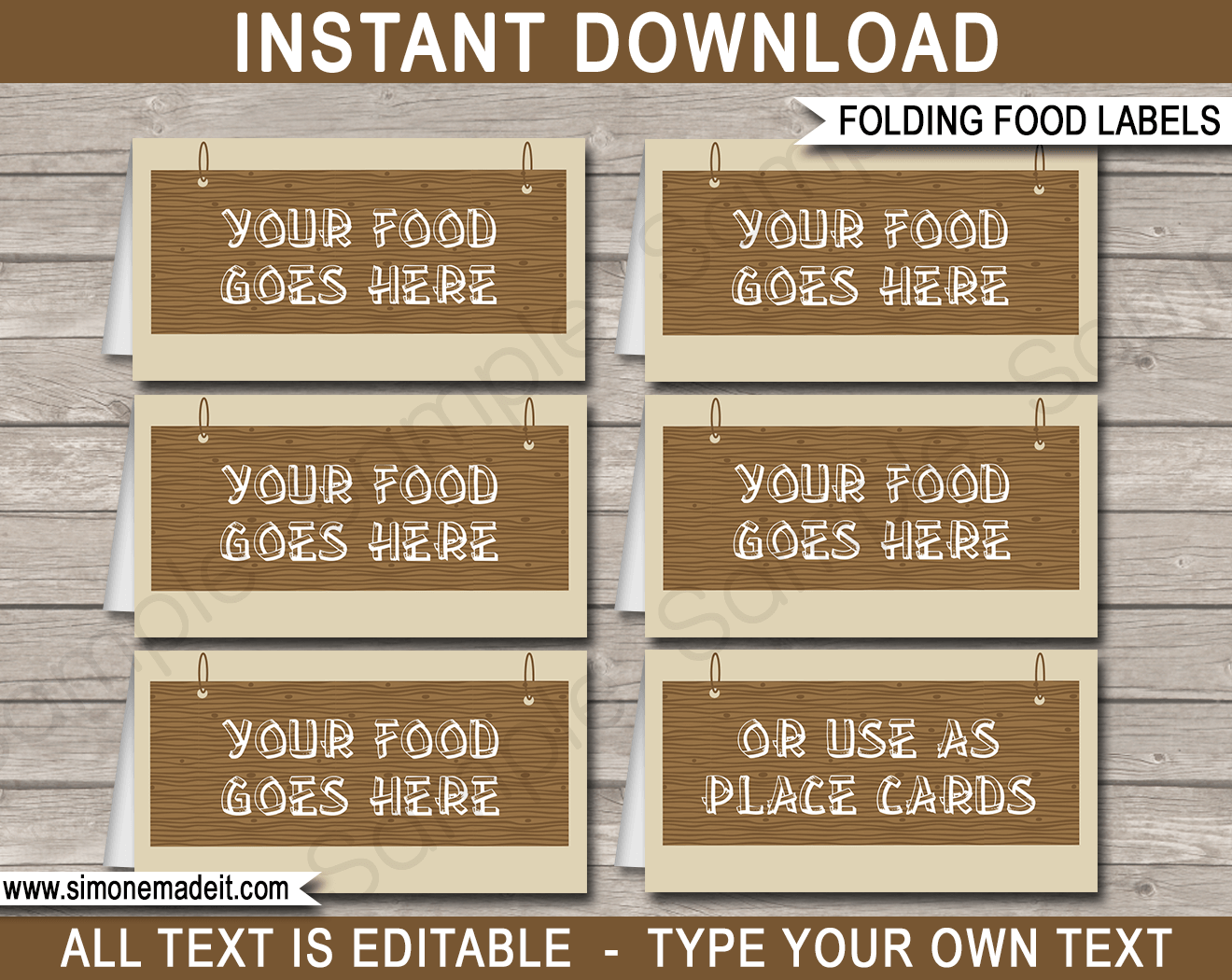 Camping Party Food Labels | Food Buffet Cards | Place Cards | Printable Party Decorations | DIY Editable template | $3.00 Instant Download via simonemadeit.com