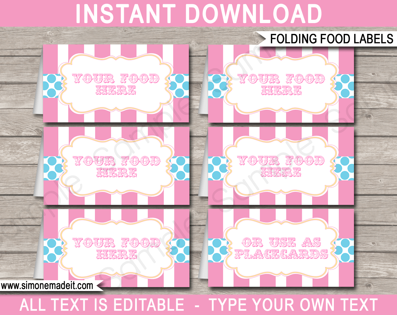 Editable Pink & Aqua Carnival Birthday Party Food Labels | Place Cards | Circus Party | Decorations | Editable DIY Template | $3.00 INSTANT DOWNLOAD via SIMONEmadeit.com