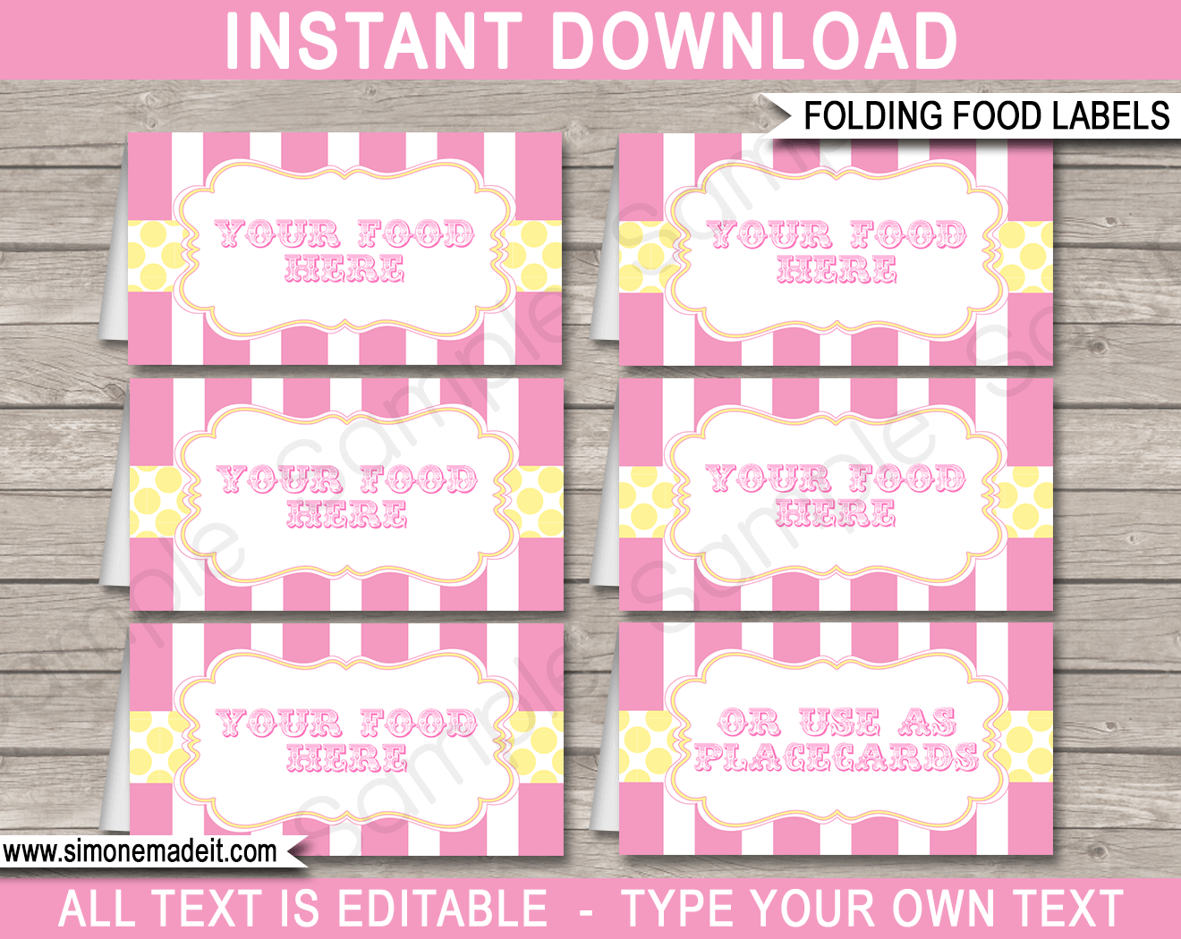 Pink & Yellow Editable Carnival Food Labels | Place Cards | Circus Party | Decorations | Editable DIY Template | $3.00 INSTANT DOWNLOAD via SIMONEmadeit.com