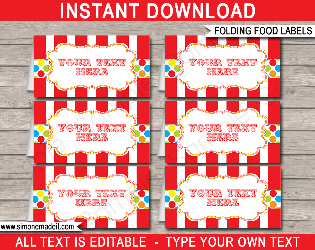 Editable Carnival Party Food Labels | Place Cards | Circus Party | Decorations | Editable DIY Template | $3.00 INSTANT DOWNLOAD via SIMONEmadeit.com