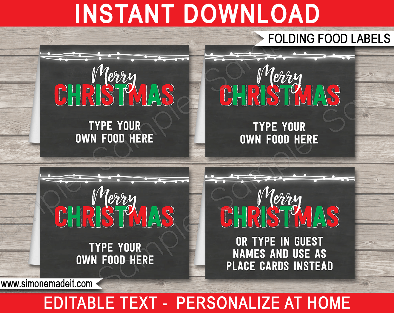 Christmas Party Chalkboard Food Labels Template | Christmas Party Place Cards | Folding Buffet Food Cards | DIY Editable & Printable Template | INSTANT DOWNLOAD via simonemadeit.com