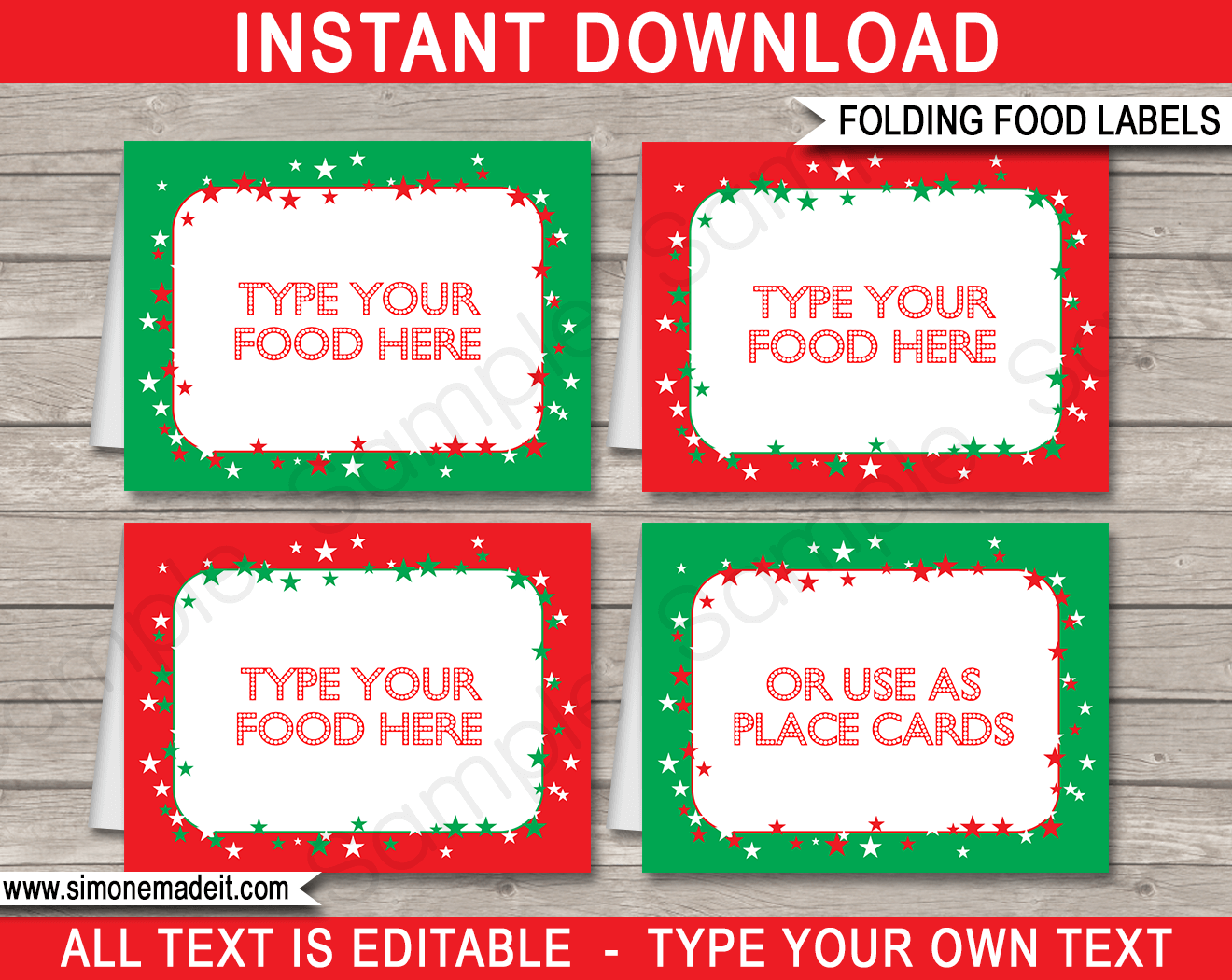 Christmas Party Food Labels Template | Christmas Party Place Cards | DIY Editable & Printable Template | INSTANT DOWNLOAD via simonemadeit.com