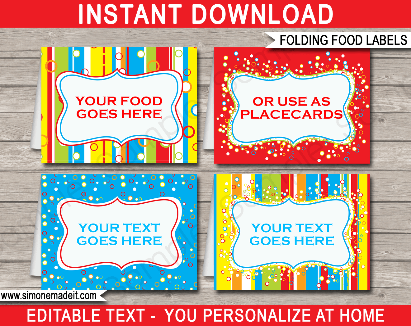 Printable Colorful Food Labels | Food Buffet Tags | Place Cards | Birthday Party | Editable DIY Template | $3.00 INSTANT DOWNLOAD via SIMONEmadeit.com