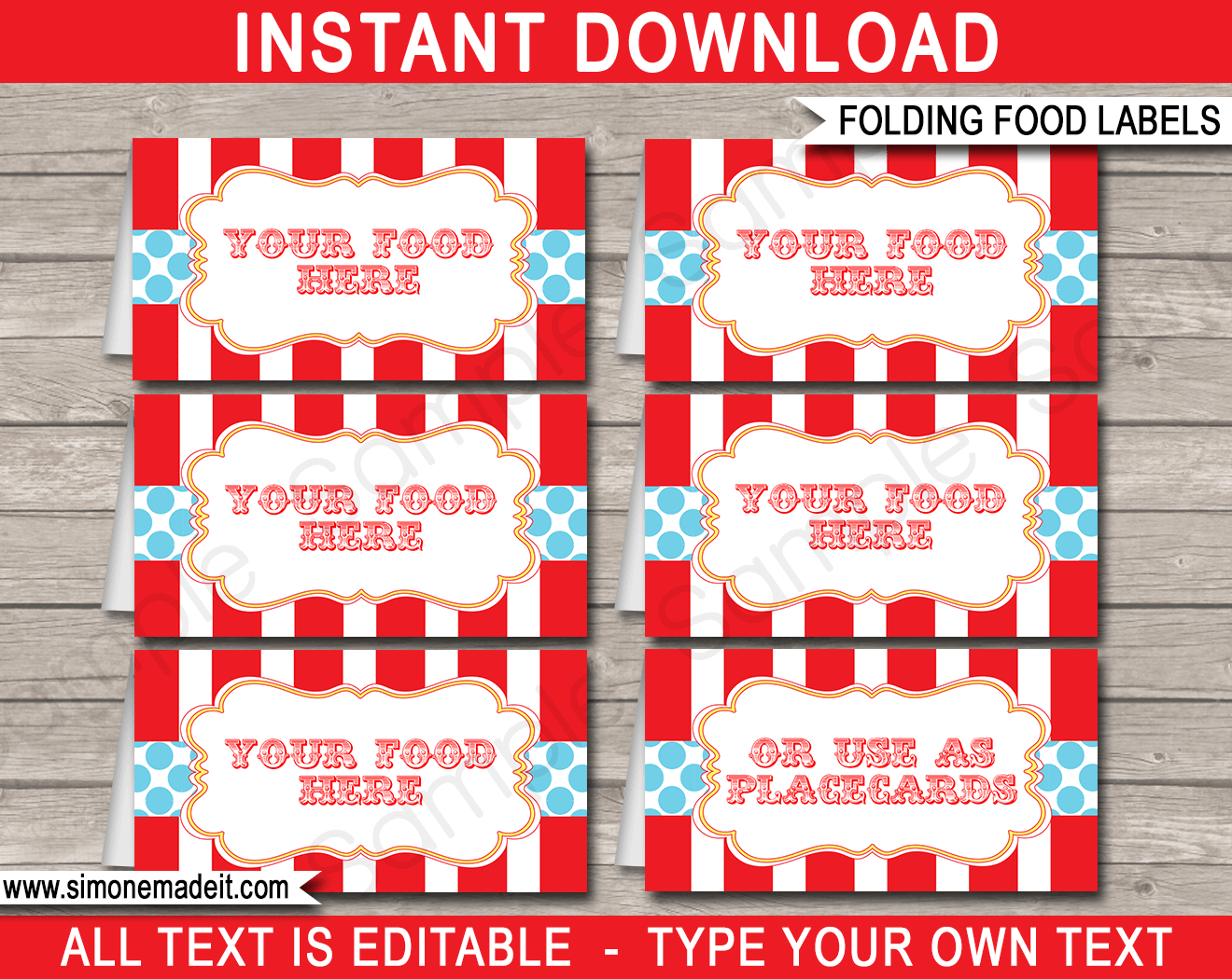 Editable Red & Aqua Circus Party Food Labels | Place Cards | Carnival Party | Decorations | Editable DIY Template | $3.00 INSTANT DOWNLOAD via SIMONEmadeit.com